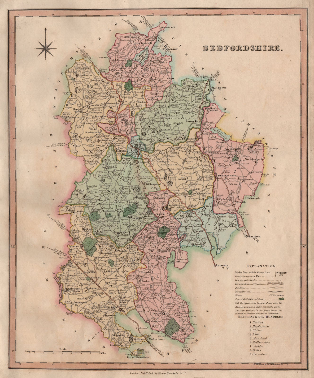 Antique county map of Bedfordshire by Henry Teesdale 1831 old
